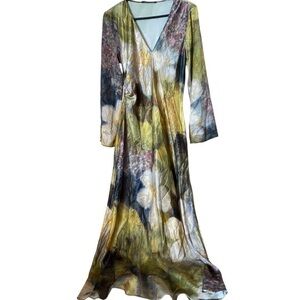 Long Sleeve Satin Dress with Vneckline and beautiful abstract floral green